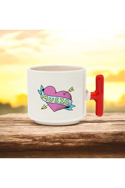BB TRADE Red T-Handled Ceramic Printed Mug with Music Heart Design 250 ml