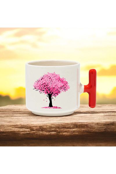 BB TRADE Pink Tree Design Red t Handle Ceramic Printed Mug Cup 250 ml