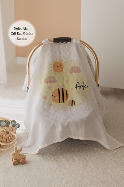 Lilabio %100 Pamuk İsme Özel Çift Katlı Müslin Puset Örtüsü - Bal Arısı