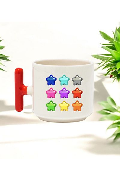 BB TRADE Red T-Handled Ceramic Printed Mug with Colorful Stars Design 250 ml