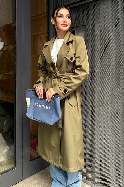moda armanc Γυναικεία μακριά καμπαρντίνα με διπλό γιακά με δεμένη μέση - Χακί 9358