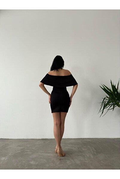 Modafeminen Düşük Omuz Mini Scuba Elbise 58985 SİYAH