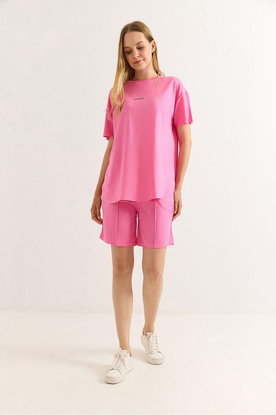 Raneel Kazançlı Alışveriş Printed Soft Textured Shorts Double Tracksuit Set Pink