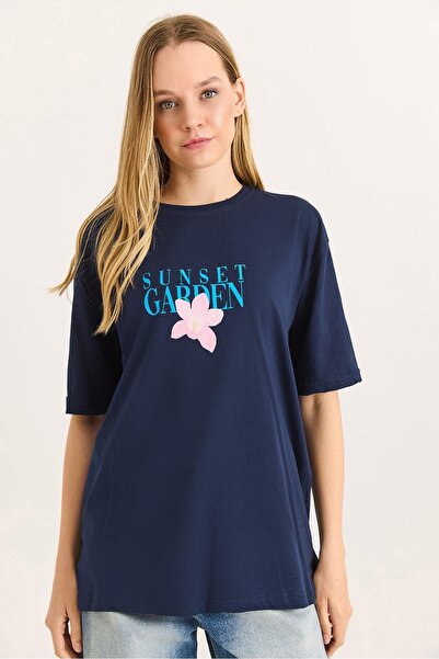 Raneel Kazançlı Alışveriş Front Back Printed Crew Neck Tshirt Navy Blue