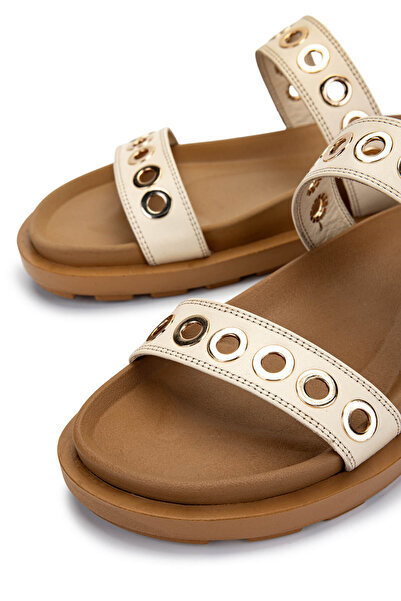 Tamer Tanca Women's Genuine Leather Beige Flat Slippers