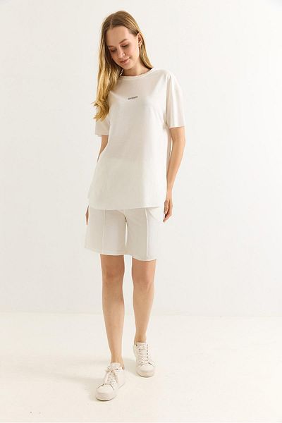 Raneel Kazançlı Alışveriş Printed Soft Textured Shorts Double Tracksuit Set White