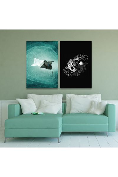 4gdran Modern Design Double Panel Canvas Painting with Hollow Gold Frame