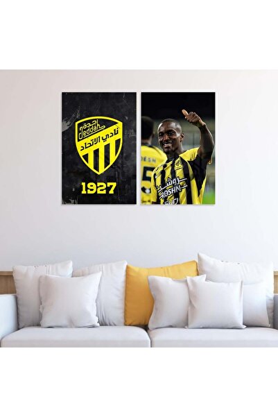 4gdran لوحة قماشية ثنائية بتصميم نادي الاتحاد مع برواز فضي مجوف