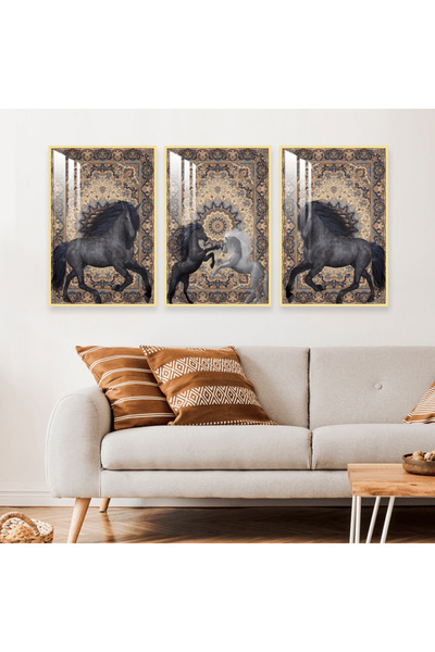 Marktna ثلاث لوحات جدارية خشبية بتصميم حصان مع برواز خشبي ذهبي و طبقة من الاك...