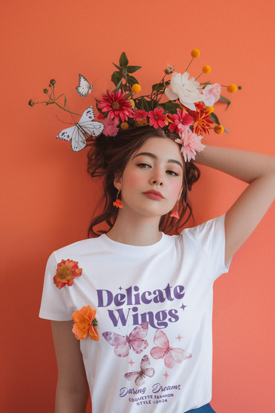 MAGORS Delicate Wings Printed Standard Molded Circle Neck Cotton Women's Tshirt