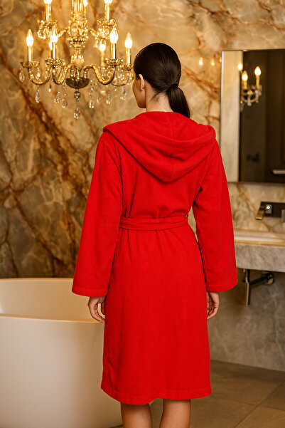 LaraLisa Collection Μπουρνούζι μπάνιου με κουκούλα, ζώνη στη μέση, 100% βαμβάκι εσωτερικά, μπεζ εξωτερικά, φούξια