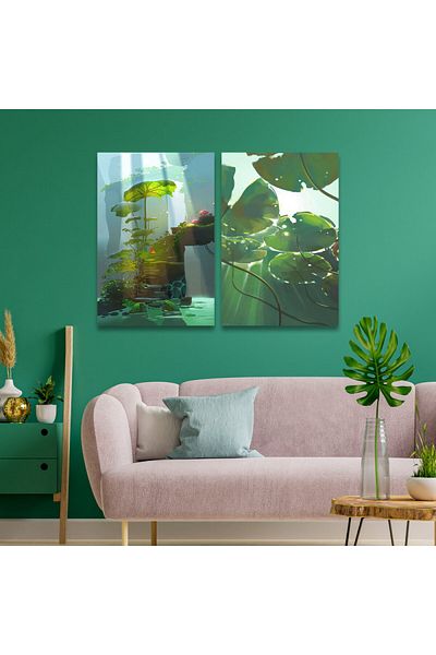 4gdran Nature Design Double Panel Canvas Painting with Hollow Gold Frame
