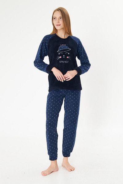 Pajama Shop Women's Navy Blue Cat Pattern Well Soft Soft Textured Winter Long Sleeve Fleece Pajamas Set