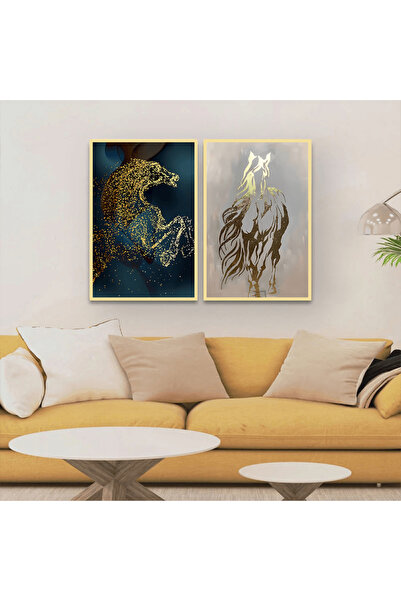 SND لوحة قماشية ثنائية بتصميم حصان مع برواز ذهبي مجوف