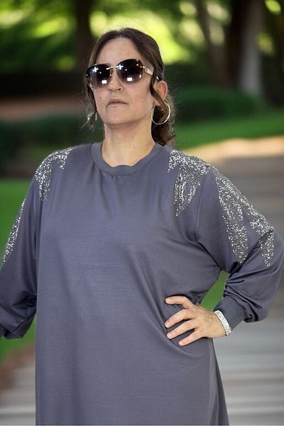 yagmurberen CRYSTAL 2 THREAD LYCRAL FABRIC STONE EMBROIDERY DETAIL EXTRA LARGE SIZE TUNIC PANTS DOUBLE SET