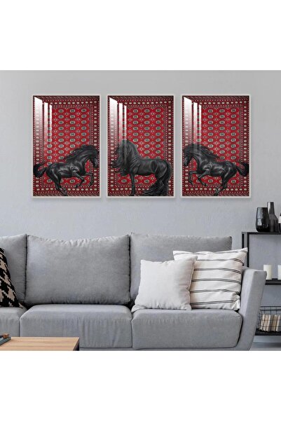 SND ثلاث لوحات جدارية خشبية بتصميم حصان مع برواز خشبي فضي و طبقة من الاكريلك ...