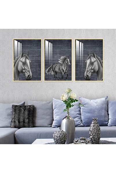 SND ثلاث لوحات جدارية خشبية بتصميم حصان مع برواز خشبي ذهبي و طبقة من الاكريلك...