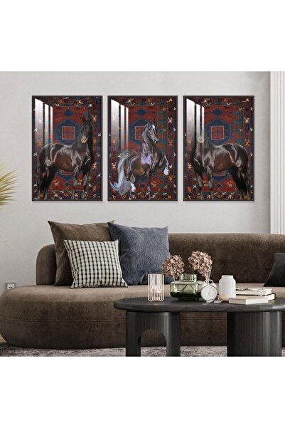SND ثلاث لوحات جدارية خشبية بتصميم حصان مع برواز خشبي شامبين و طبقة من الاكري...