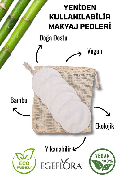 Egeflora 5 Adet Vegan Bambu Makyaj Temizleme Pedi – Geniş Disk Ped | 8 cm | Doğal, Yıkanabilir, Ekolojik
