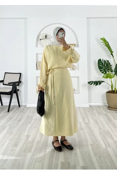 EFSUN MODA Linen Skirt Suit with Sleeves with Drawing One Sleeve Label Detail