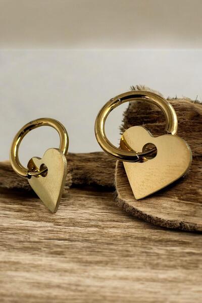 Raneel Kazançlı Alışveriş Pendant Heart Ring Steel Gold Earrings