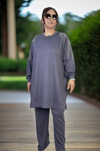 yagmurberen CRYSTAL 2 THREAD LYCRAL FABRIC STONE EMBROIDERY DETAIL EXTRA LARGE SIZE TUNIC PANTS DOUBLE SET