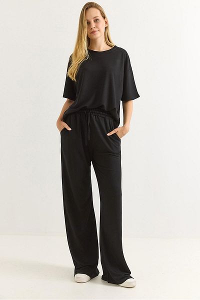 Raneel Kazançlı Alışveriş Comfortable Fit Crystal Knitted Tracksuit Set Black