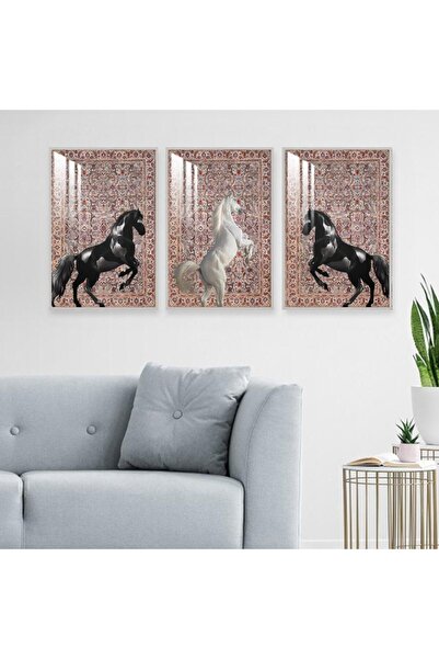 SND ثلاث لوحات جدارية خشبية بتصميم حصان مع برواز خشبي فضي و طبقة من الاكريلك ...