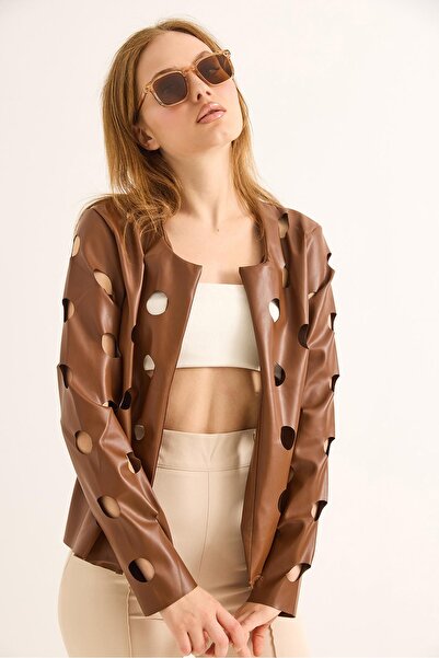 Raneel Kazançlı Alışveriş Lazer Kesim Delikli Model Ceket Kahverengi