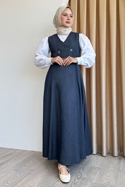 InStyle Belted V-Neck Dark Blue Denim Gilet Dress