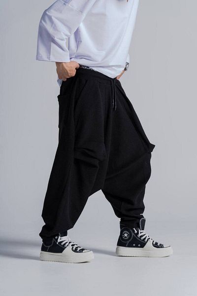 SUPERBLUE Men's Elastic Waist Loose Black Balloon Baggy Trousers