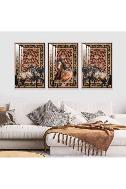 SND ثلاث لوحات جدارية خشبية بتصميم حصان مع برواز خشبي فضي و طبقة من الاكريلك ...