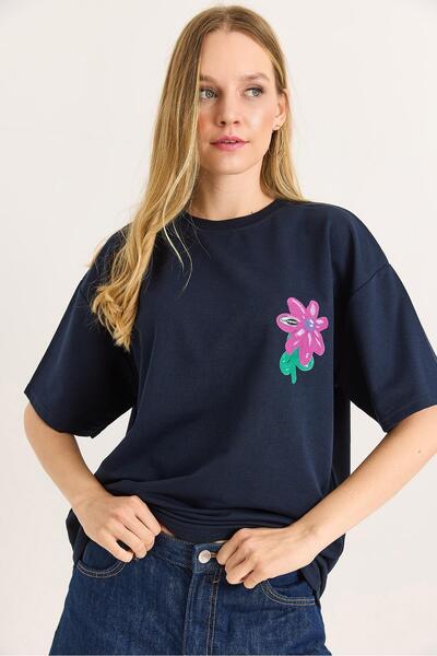 Raneel Kazançlı Alışveriş Printed Crew Neck Basic Tshirt Navy Blue
