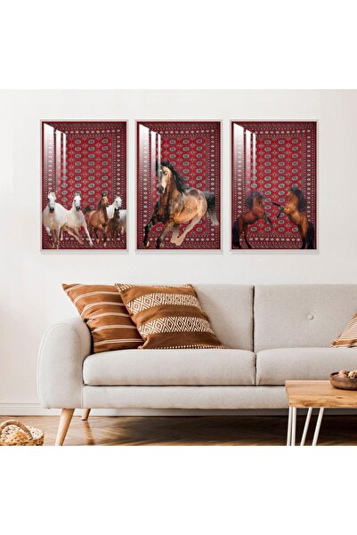 Marktna ثلاث لوحات جدارية خشبية بتصميم حصان مع برواز خشبي فضي و طبقة من الاكر...