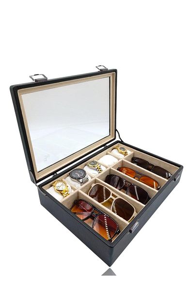 DİJİTAL ÇARŞI MAĞAZACILIK Diji 5 Glasses 5 Watch Box Watch and Glasses Bag Black Inside Cream White Padded