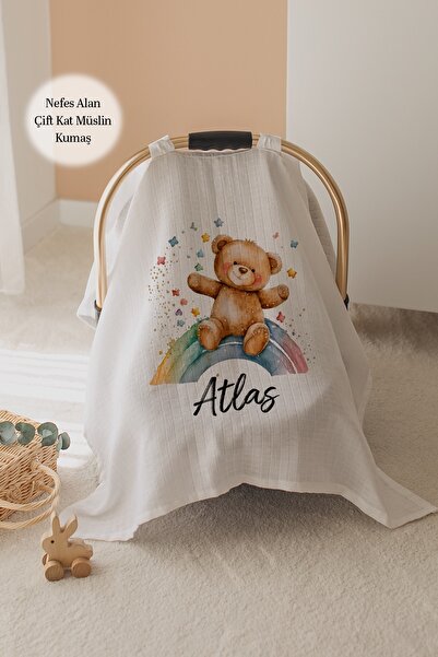 Lilabio %100 Pamuk İsme Özel Çift Katlı Müslin Puset Örtüsü - Ayıcık