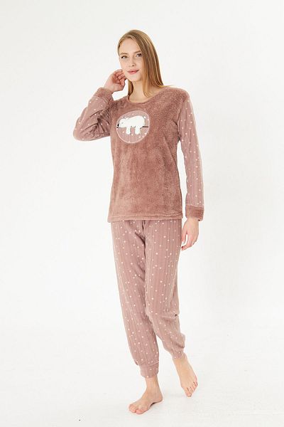 Pajama Shop Women's Brown Teddy Bear Patterned Well Soft Soft Textured Winter Fleece Long Sleeve Pajama Set