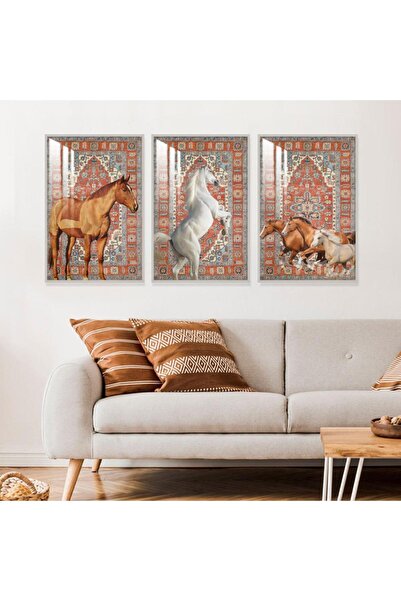 SND ثلاث لوحات جدارية خشبية بتصميم حصان مع برواز خشبي فضي و طبقة من الاكريلك ...