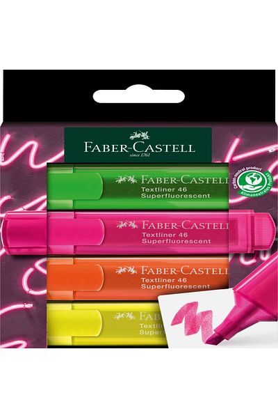 OEM Faber castell, Textliner 46, Superfluorescent, Set 4 Pack, Durable Tip 125 mm, Water Based Ink