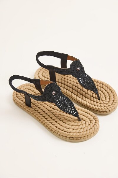 Raneel Kazançlı Alışveriş Straw Sole Elastic Flip Flops Black