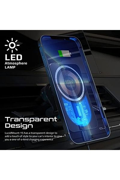 Promate Magnetic Wireless Car Charger, Ultra-Fast MagSafe Transparent Car Charger with 15 W Output,