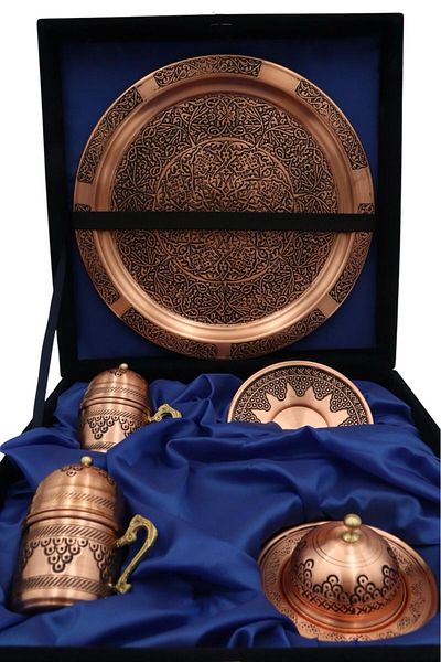 Okya Home Luxury Handmade Turkish Copper Coffee Set – 6 Pieces with Velvet Gift Box