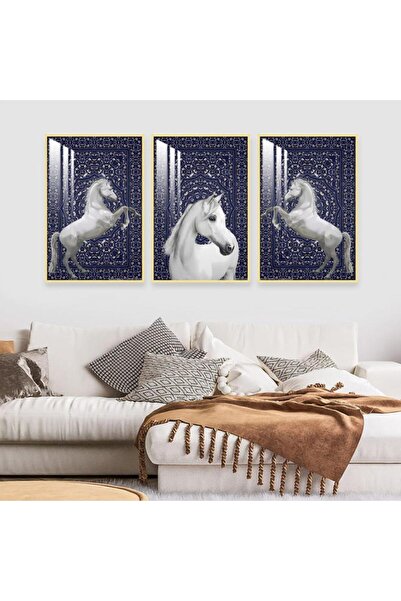 SND ثلاث لوحات جدارية خشبية بتصميم حصان مع برواز خشبي ذهبي و طبقة من الاكريلك...