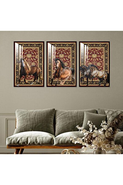 SND ثلاث لوحات جدارية خشبية بتصميم حصان مع برواز خشبي اسود و طبقة من الاكريلك...