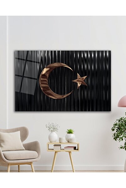 idealizbiz Türk Bayrağı Cam Tablo Bakır Renk Modern Ev Ofis Salon Kurum Hediyelik Tablo