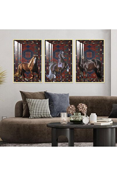 SND ثلاث لوحات جدارية خشبية بتصميم حصان مع برواز خشبي ذهبي و طبقة من الاكريلك...