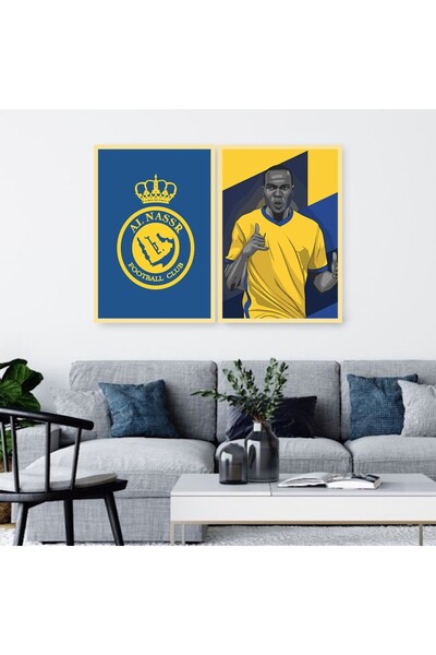 SND لوحة قماشية ثنائية بتصميم رياضي لنادي النصر مع برواز ذهبي مجوف