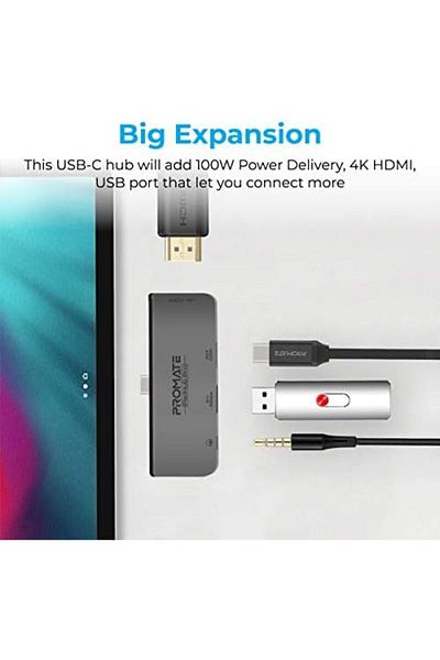 Promate موزع USB-C، محول وسائط متعددة 4 في 1 من النوع C مع منفذ توصيل طاقة USB-C بقوة 100 وات، عالي الدقة