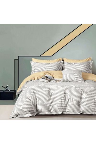 Pucioasa Lenjerie de pat dublu percale, bumbac 100%, design geometric crem-gri PRC 184