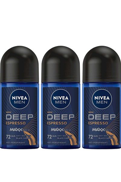 NIVEA 3 Pack Roll-On Deodorant for Men Deep Black Carbon Espresso 50ml